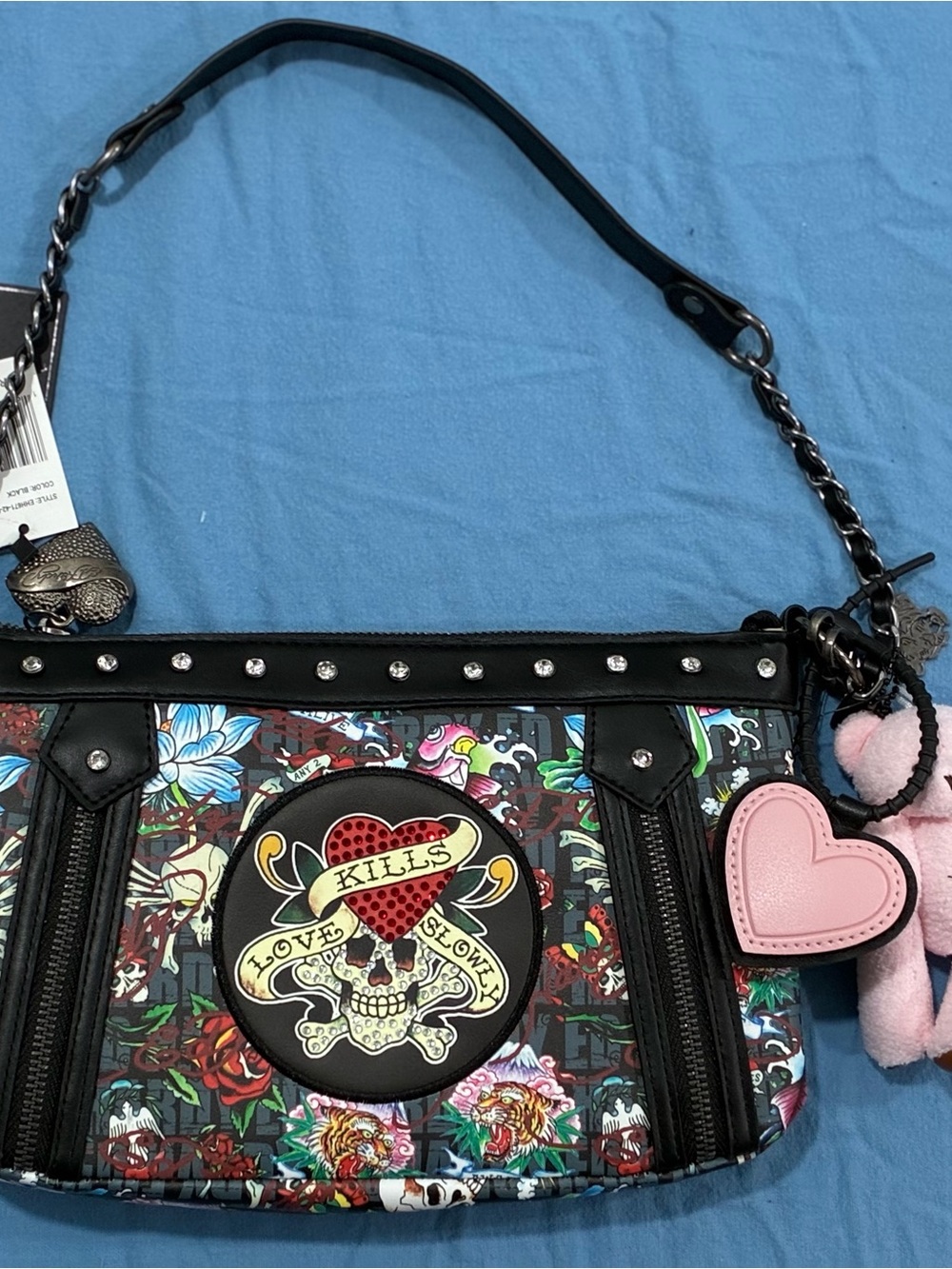 Ed Hardy Black Multi Skull Heart Patch Shoulder Bag with Pink Charm
